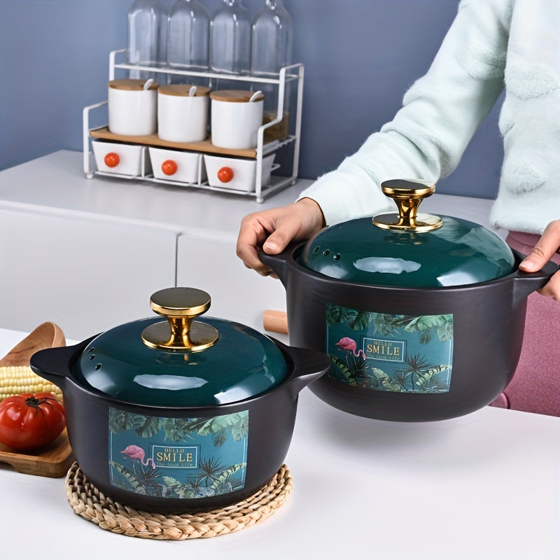 Flamingo Leaf Pattern Porcelain Stockpot Heat Resistant Cooking Pot