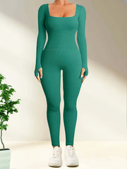 Long Sleeve Yoga Jumpsuit Solid Thumb Hole Sports Bodysuit
