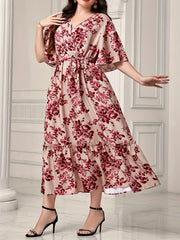 Women's Plus Floral Print Flutter Sleeve Maxi Smock Dress with Belt