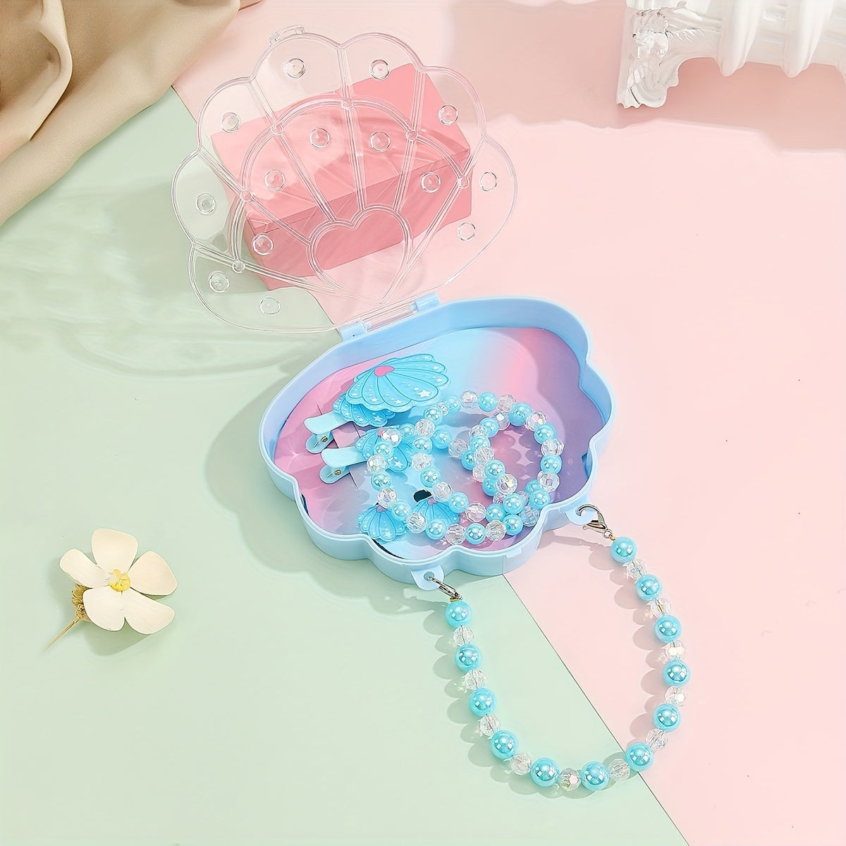 Kids Seashell Hair Clip Jewelry Set with Tote Bag
