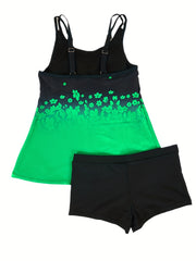 Floral Print Tankini Set Round Neck High Stretch Boxer Short Bottom Two Pieces