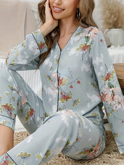 Floral Print Pajama Set Long Sleeve V Neck Top & Elastic Waistband Pants