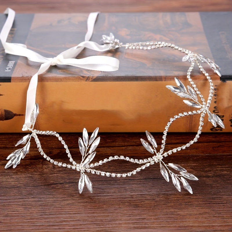 Rhinestone Headband With Long Ribbon Bridal Head Piece Hair Accessories