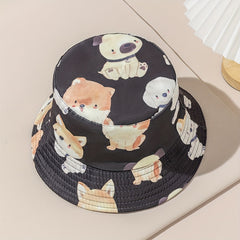Reversible Family Bucket Hat Puppy Print Basin Hat Unisex Cartoon Dog Fisherman