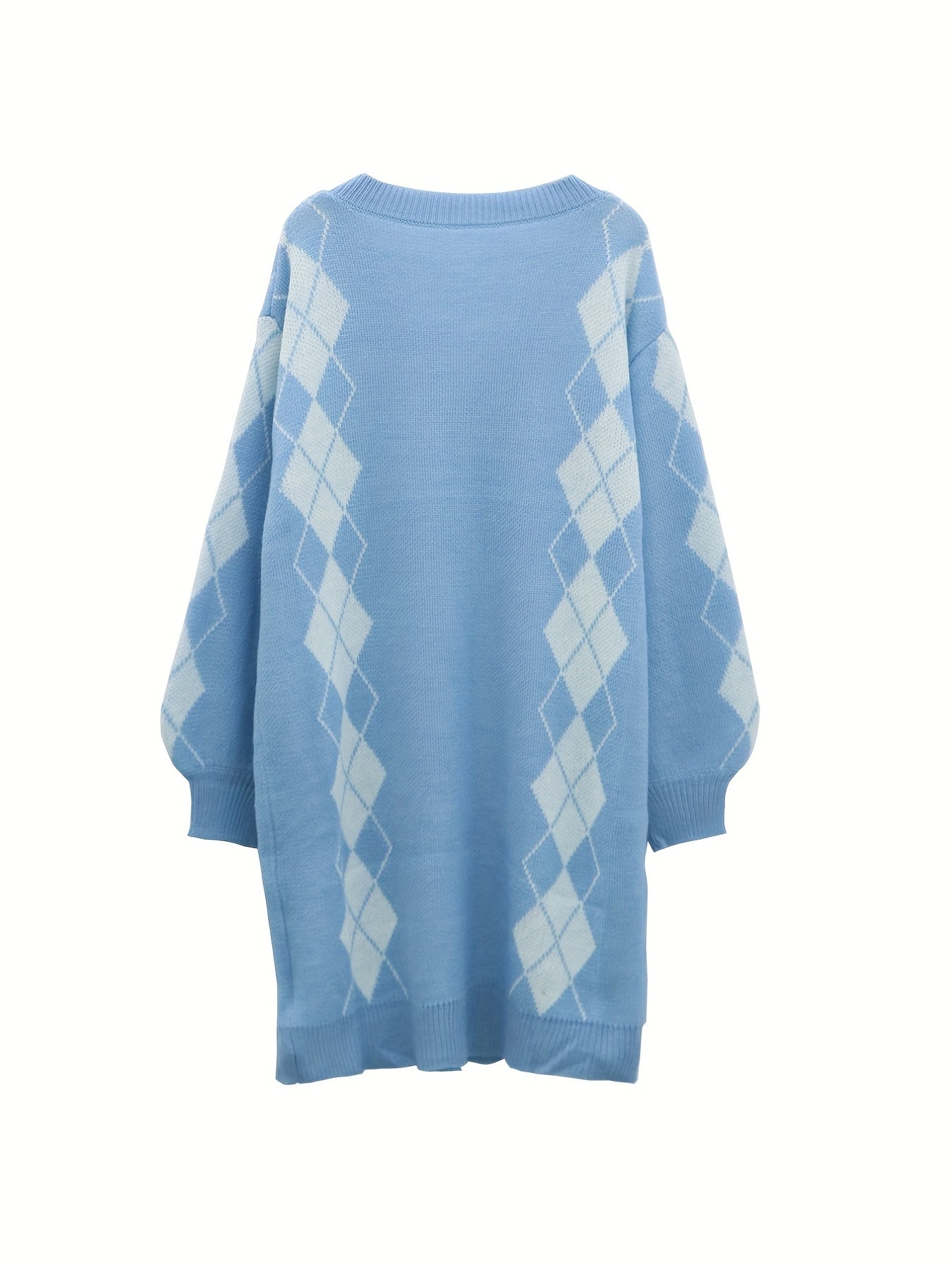 Argyle Print Casual Sweater Dress Long Sleeve V Neck