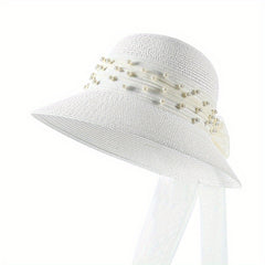 Summer Wide Brim Bucket Hat Faux Pearl Strap Sunscreen Straw Hats Fisherman Cap