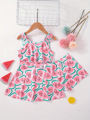 Toddler Girls Watermelon Swimsuit Set Sleeveless Ruffle Dress & Shorts