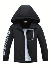 Boys Letter Zip Up Hooded Jacket Raincoat Windbreaker Outerwear Lightweight