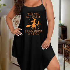 Halloween Sexy Lounge Dress Women's Plus Witch & Bat Print Nightdress