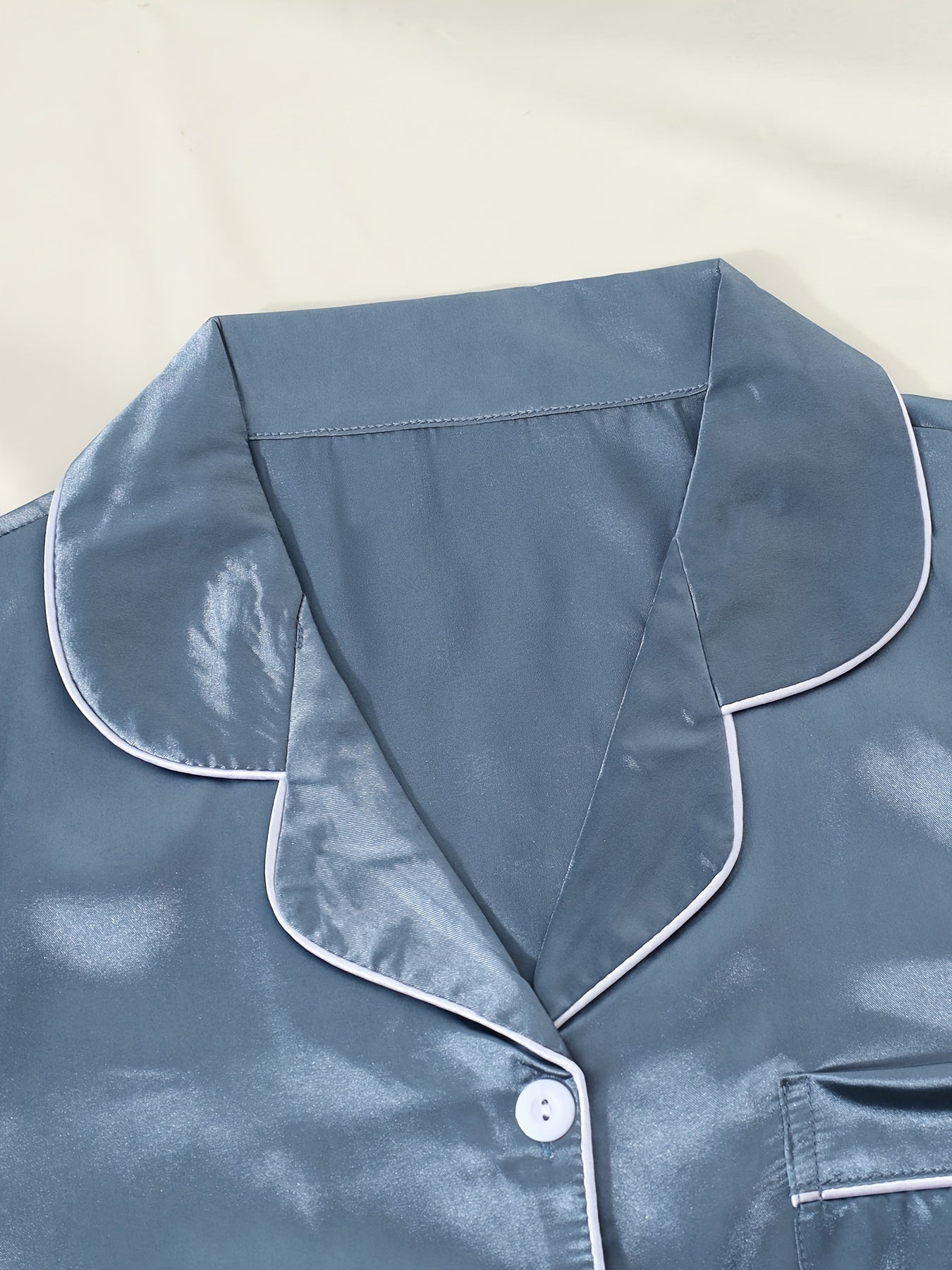 Solid Satin Pajamas Set Short Sleeve Buttons Top & Bow Pants