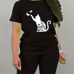 2pcs Butterfly Cat Graphic T shirts & Shorts Women's Activewear