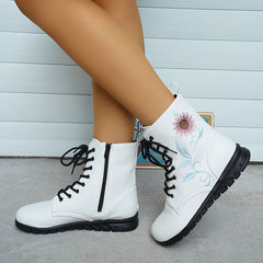 Women's Flower Embroidery Mid Calf Boots Low Heel Outdoor Boots