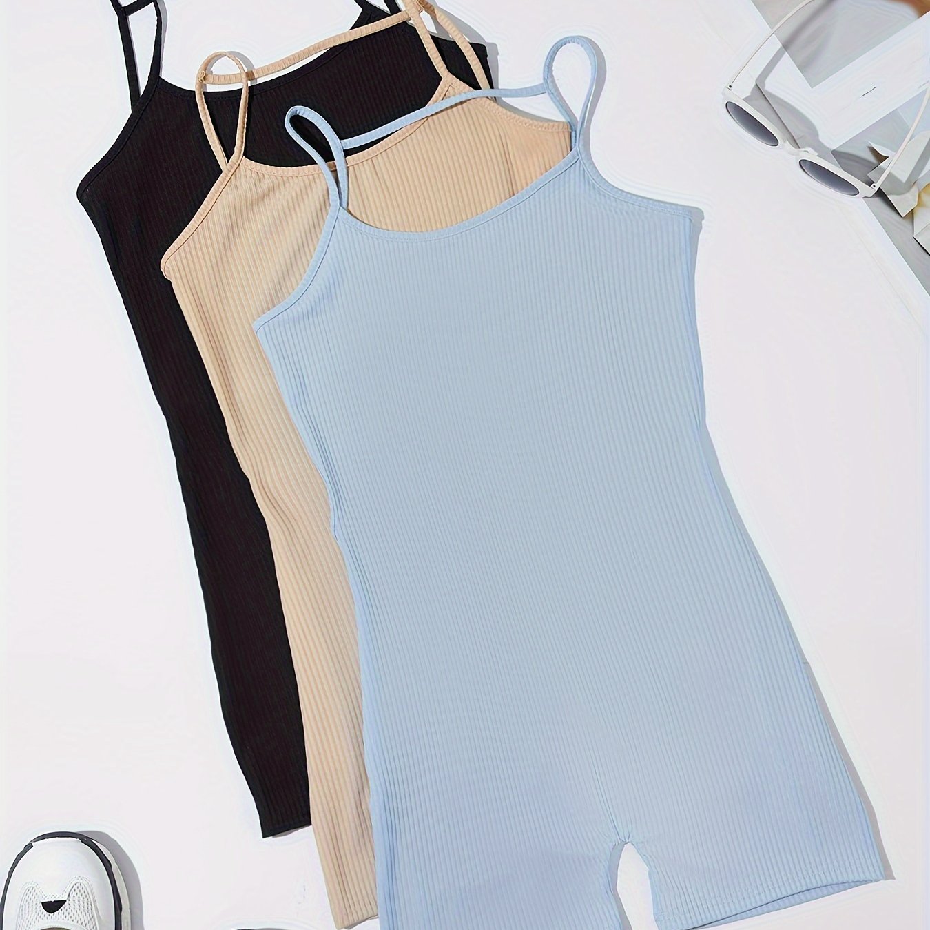 Backless Spaghetti Strap Yoga Bodysuit Ribbed Cami Sports Romper