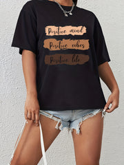 Positive Mind Letter Print T-shirt Loose Crew Neck Sports Tee