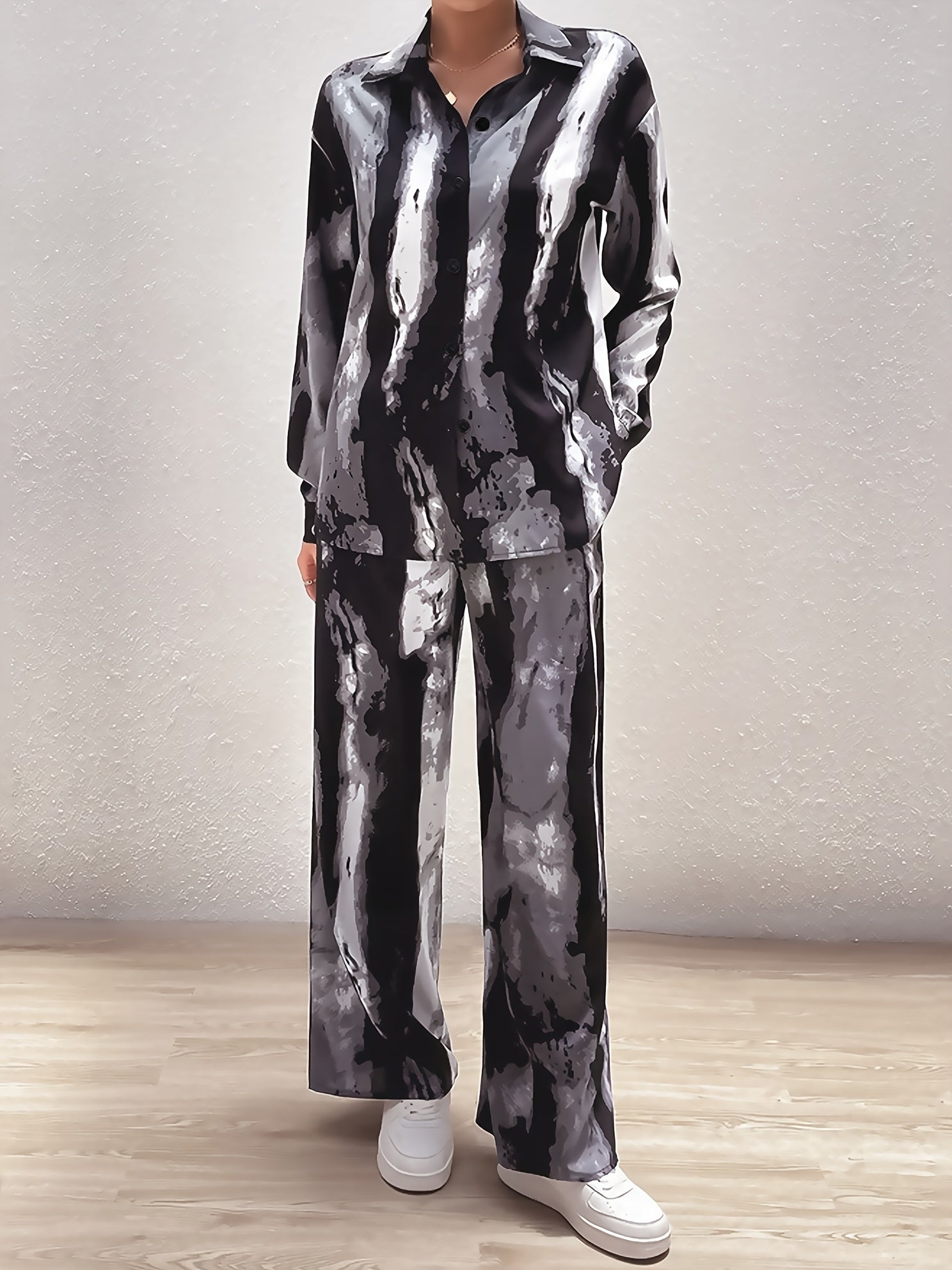 Plus Stripe Print Button Up Long Sleeve Blouse & Pants Set