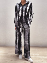 Plus Stripe Print Button Up Long Sleeve Blouse & Pants Set