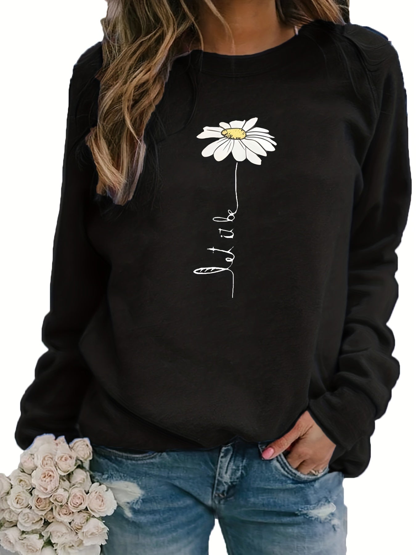 Daisy Print Crew Neck Sweatshirt for Fall & Winter