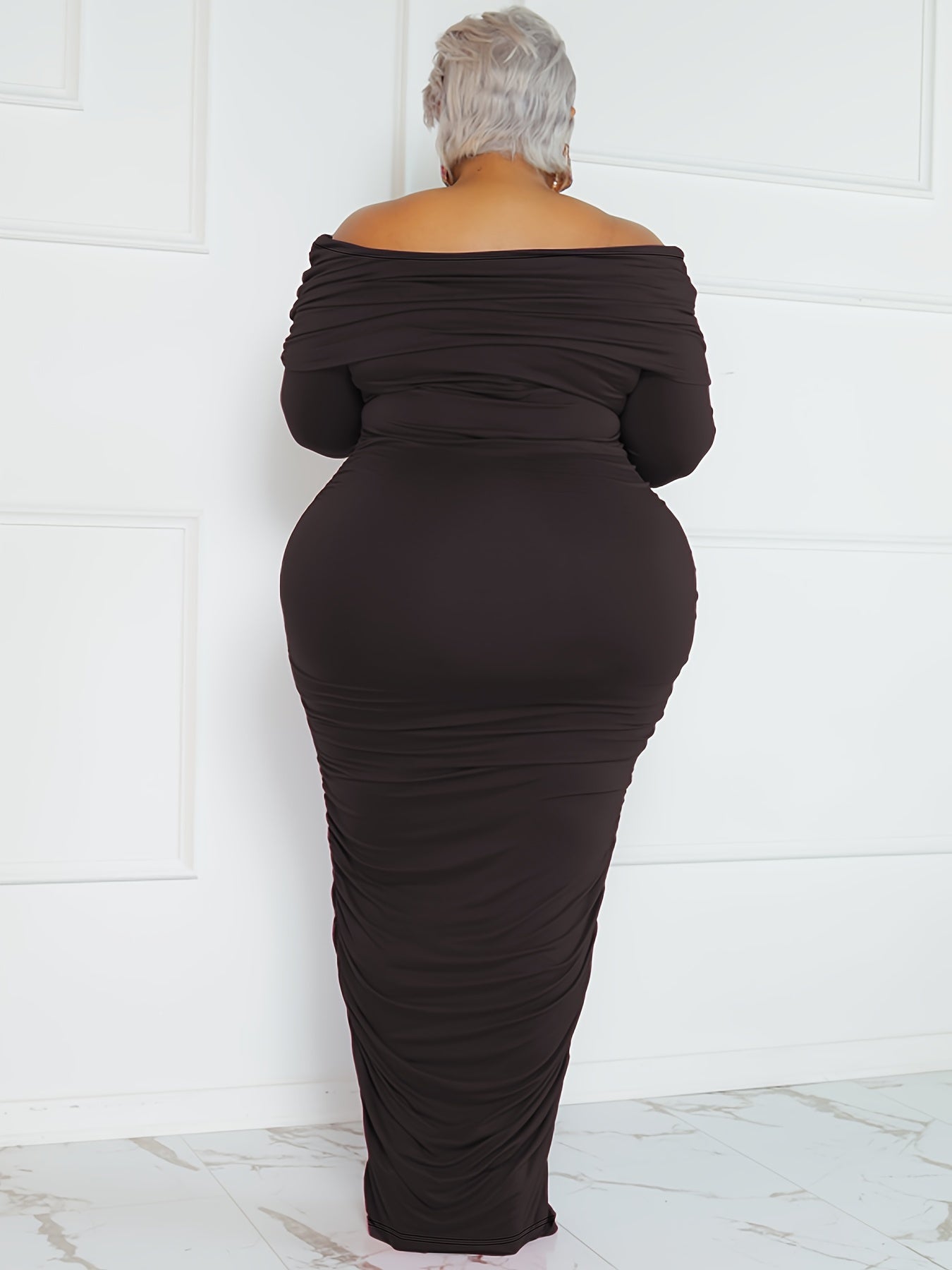 Solid Ruched Off Shoulder Bodycon Midi Dress