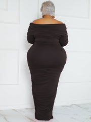 Solid Ruched Off Shoulder Bodycon Midi Dress