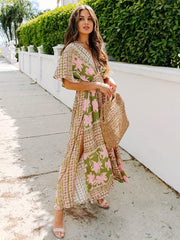 Floral Print Split Thigh Dress Vacation Plunging Maxi Dress