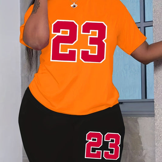 Women's Number Print Tee & Shorts Outfit Set