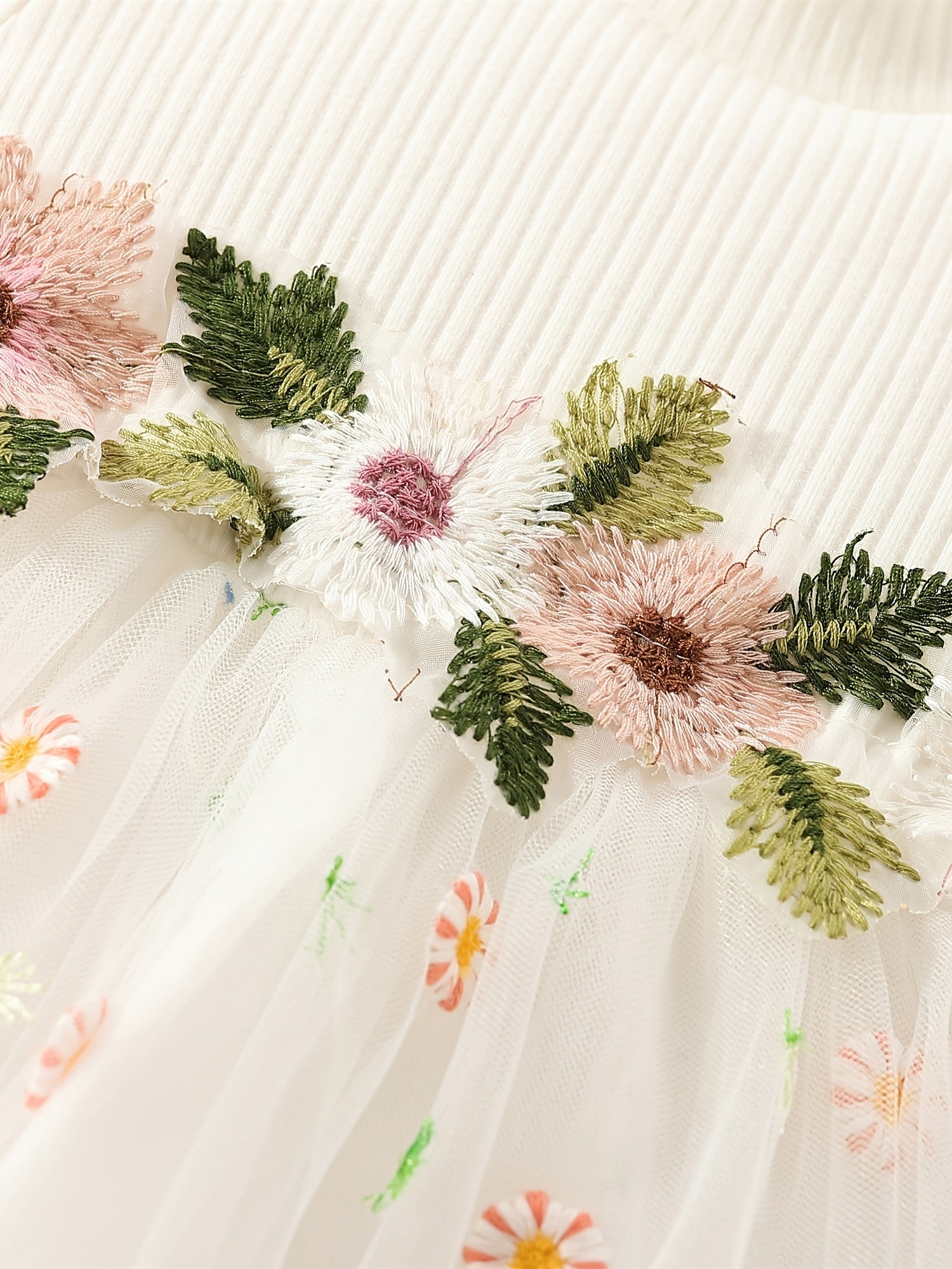 Infant Baby Girls Long Sleeves Flower Embroidery Tulle Dress