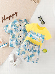 3pcs Baby Boys Leaf Print T shirt & Shirt & Shorts Set