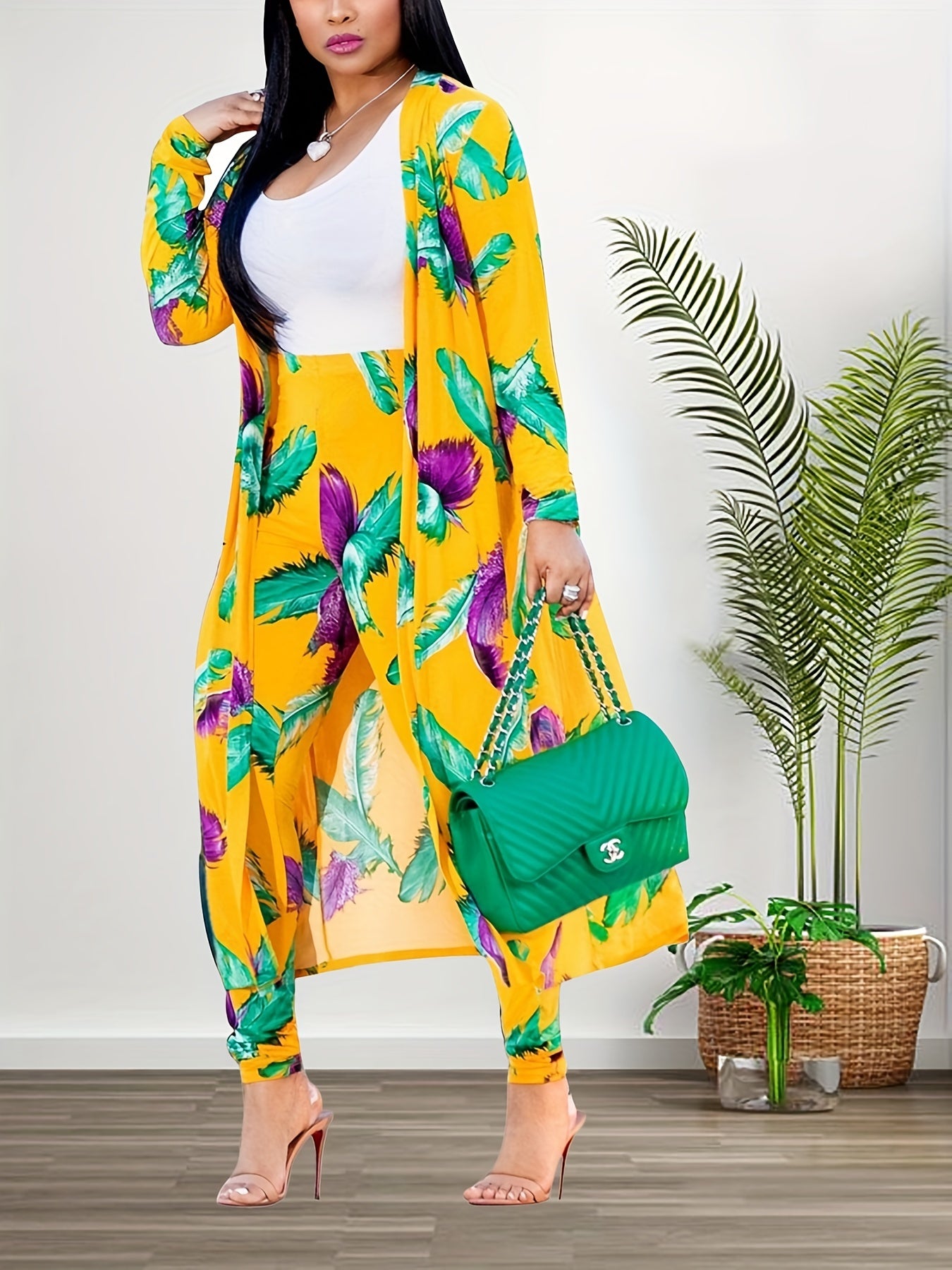 Tropical Print Cardigan & Pants Set