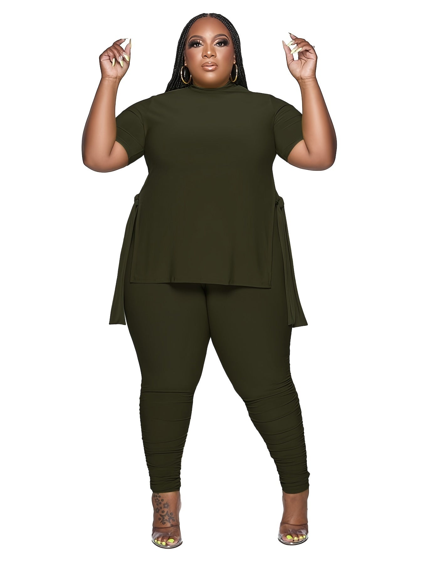 Solid Slit High Neck Short Sleeve Tops & Pants Set