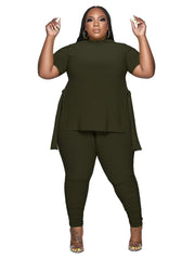 Solid Slit High Neck Short Sleeve Tops & Pants Set