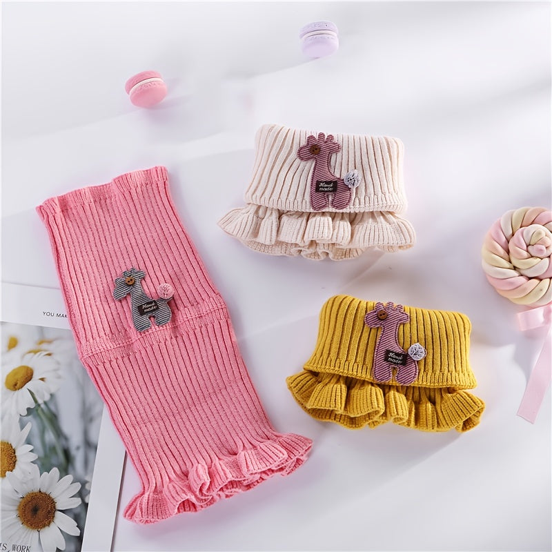 Girls Knitted Ruffled Scarf With Giraffe Patch Winter Neck Protector
