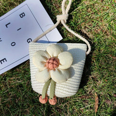 Girls Straw Bag Coin Purse Flower Decor Shoulder Bag