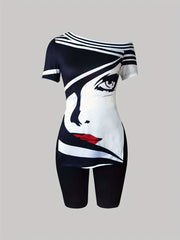 Figure Print Neck T-shirt & Skinny Shorts Set Women's Clothing