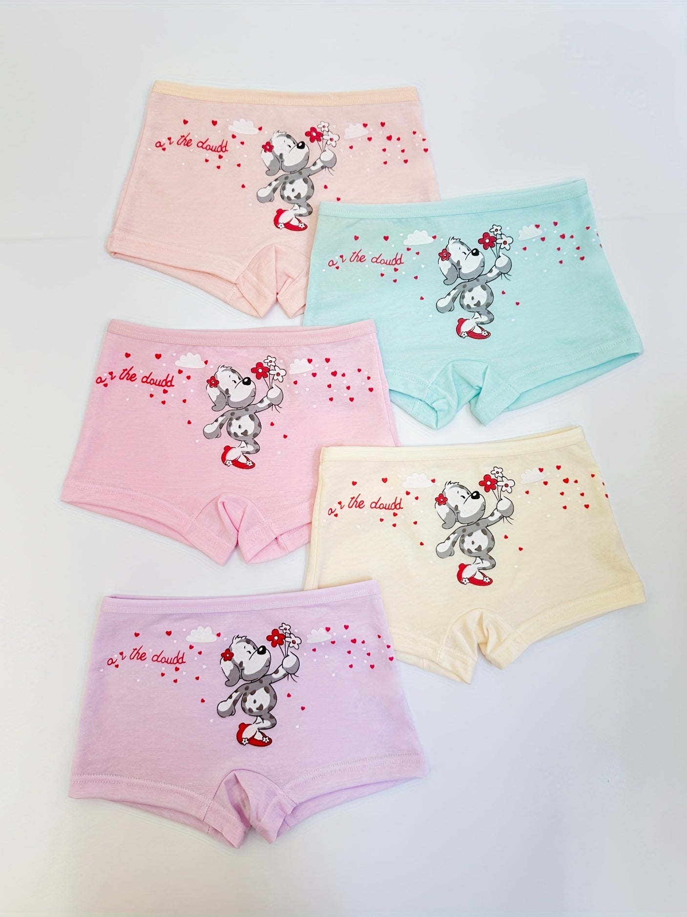 5 Pairs Girls' Cotton Underwear Cartoon Dogs & Heart Patterns Boxer Briefs