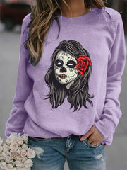 Skull Print Sweatshirt Crew Neck Long Sleeve Casual Top