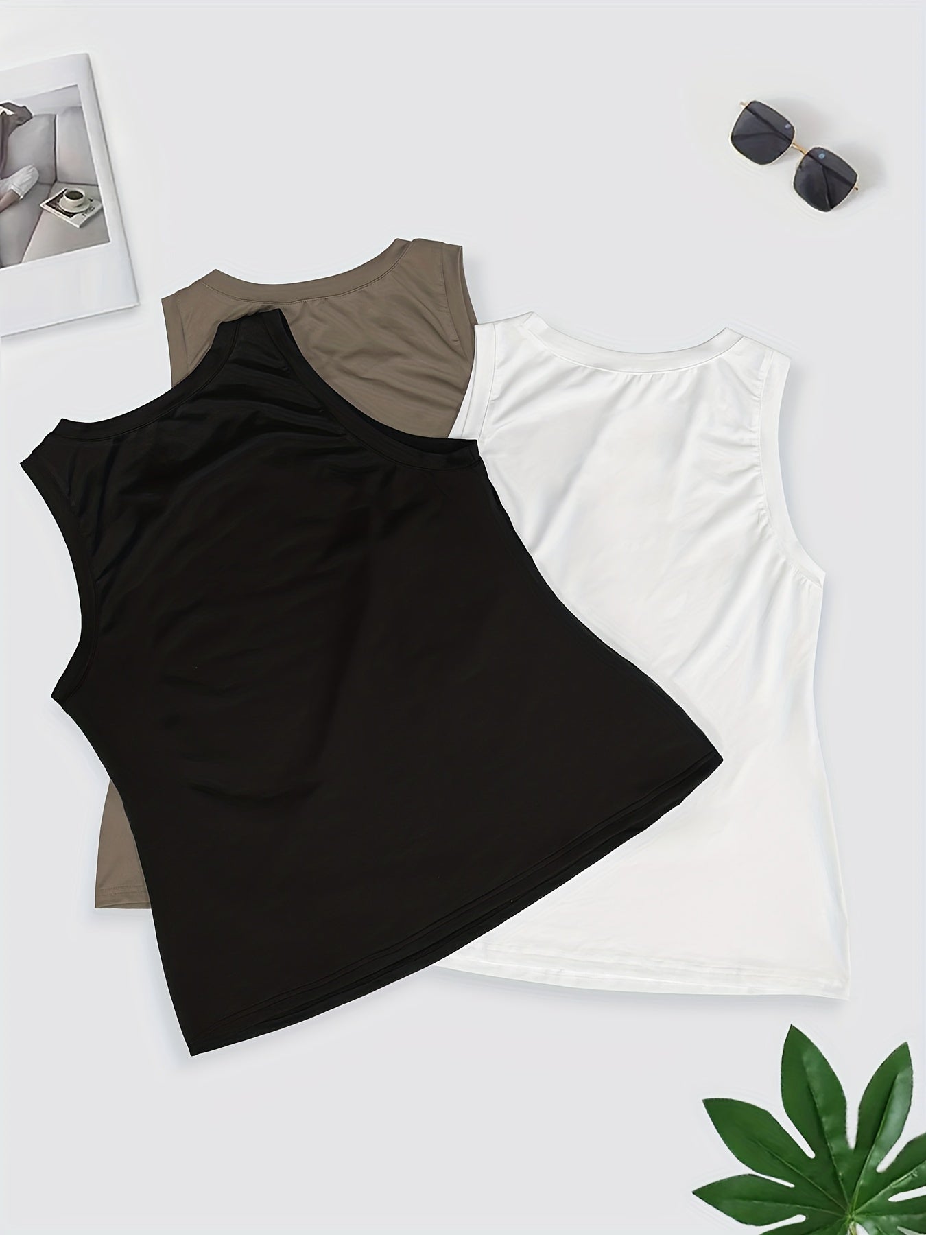 3 Pack Women's Plus Size Basic Tank Top Set Solid Round Neck Fitted 3pcs