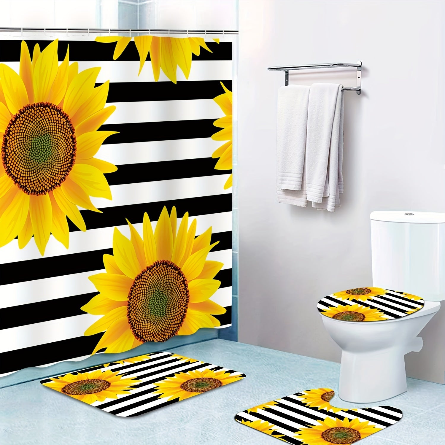 Sunflower Shower Curtain Set with 12 Hooks & Non-Slip Bathroom Rug