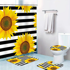 Sunflower Shower Curtain Set with 12 Hooks & Non-Slip Bathroom Rug