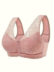 3pcs Wireless Push Up Bra Zipper Front Comfy Lace Contrast Bras