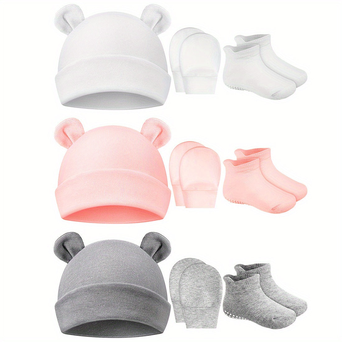 3 Piece Baby Outfit Set Ears Hat Mittens Non Slip Socks Soft Cotton Material
