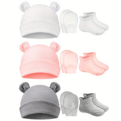 3 Piece Baby Outfit Set Ears Hat Mittens Non Slip Socks Soft Cotton Material