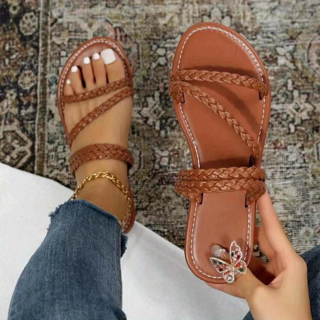 Dark Brown Braid Slides Open Toe Faux Leather Beach Flat Slides