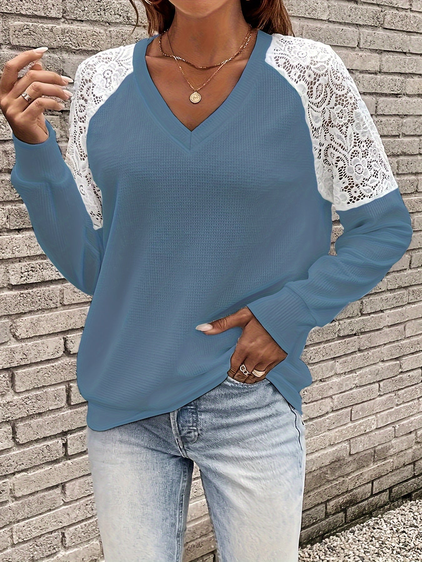 Casual Knit Top Women's Plus Solid Contrast Lace Long Sleeve V Neck