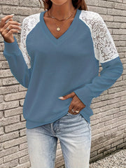 Casual Knit Top Women's Plus Solid Contrast Lace Long Sleeve V Neck