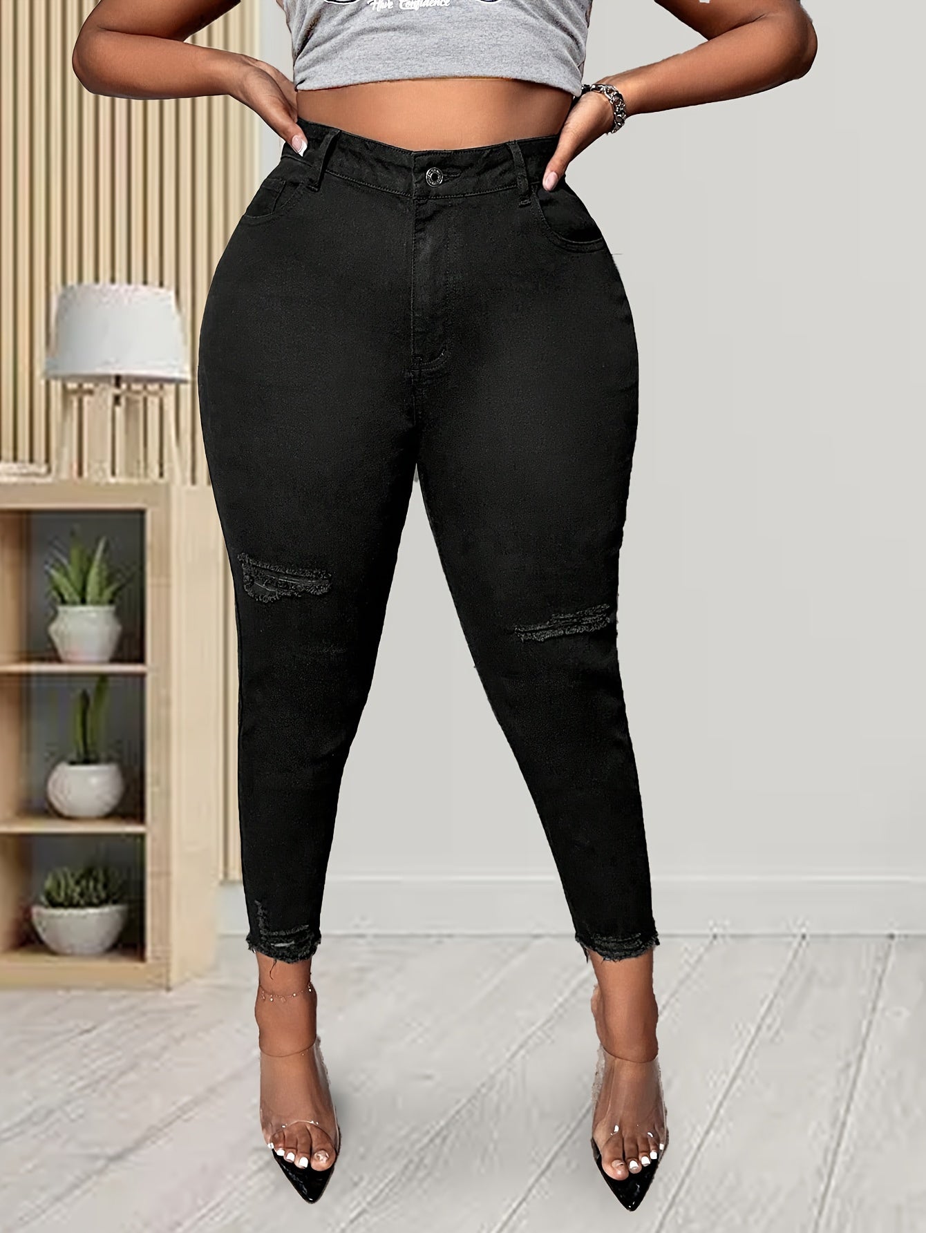 Ripped Fringe High Rise Skinny Jeans