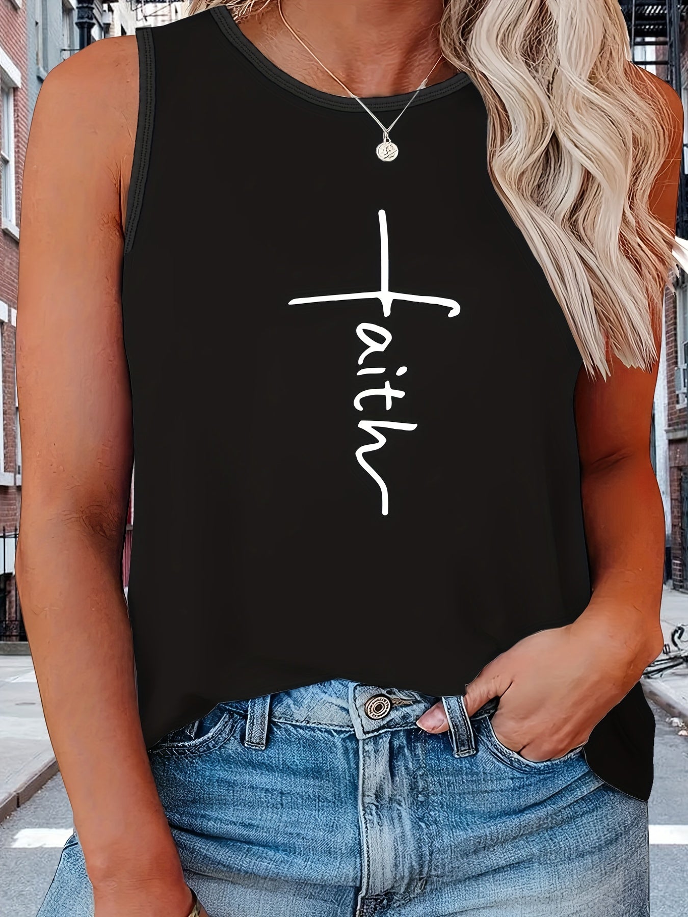 Casual Tank Top Women's Plus Letter Print Round Neck Medium Stretch