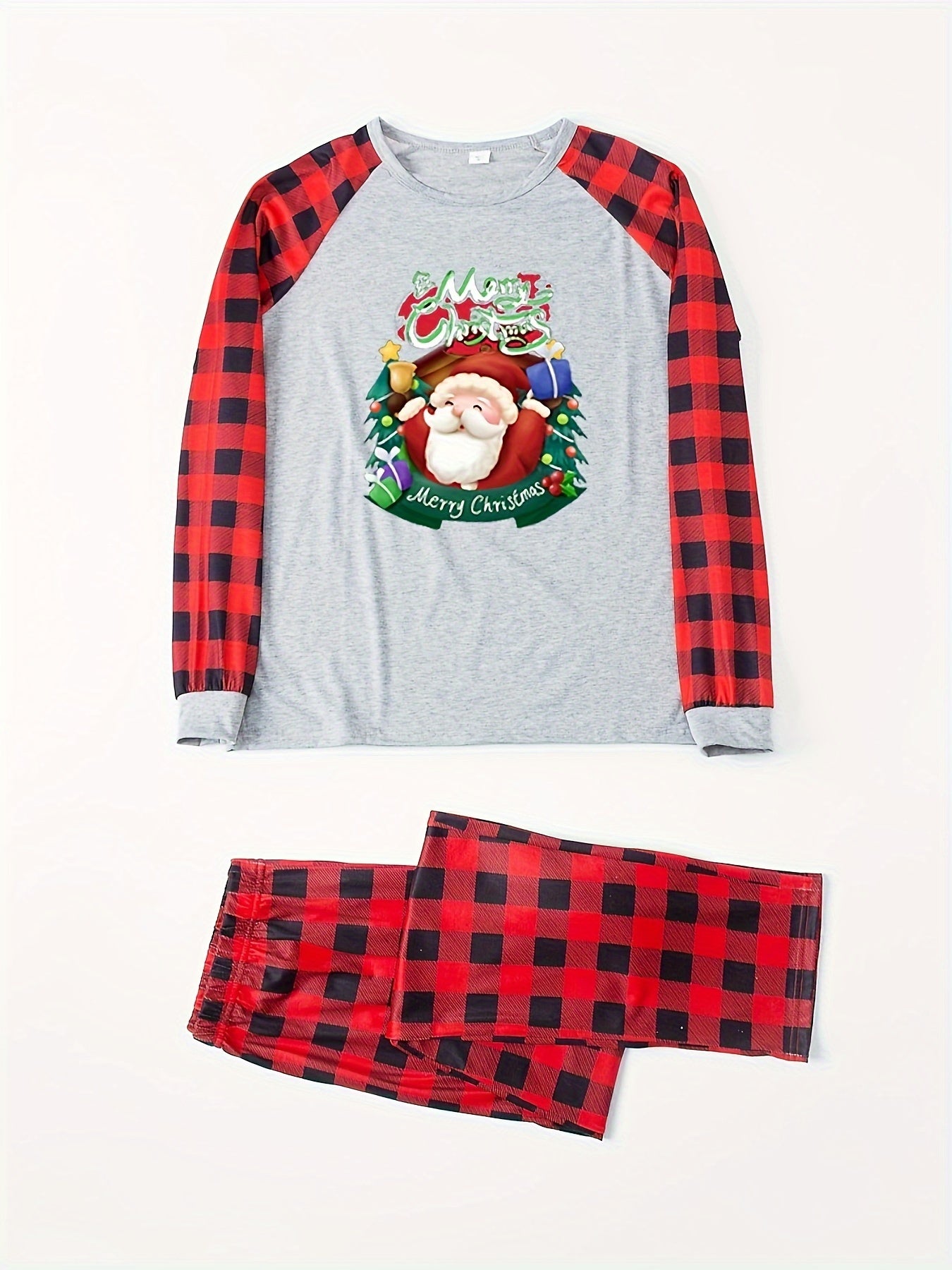 Christmas Print Lounge Set Long Sleeve Crew Neck Top & Plaid Pants
