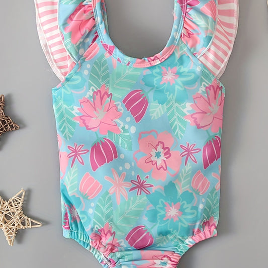 Baby Summer Girls Sleeveless Floral Print Backless Bow Onesie Swimsuit