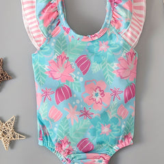 Baby Summer Girls Sleeveless Floral Print Backless Bow Onesie Swimsuit