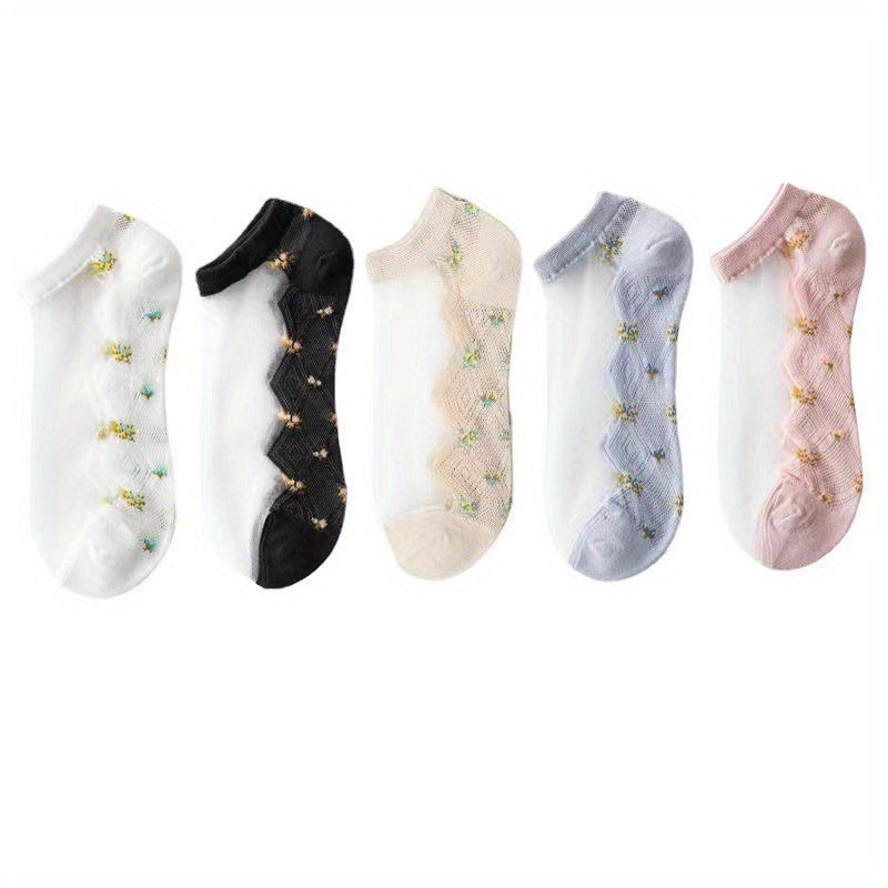 5 Pairs Floral Print Sheer Socks Women's Ankle Stockings